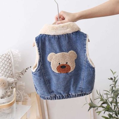 （Good baby store） Gilet en jean pour garçon tenue d  39;hiver en fourrure vêtement chaud bleu uni