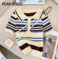 เสื้อยืดแขนเสื้อสั้นถักลาย PEAR DODO แบบเกาหลีสำหรับผู้หญิง