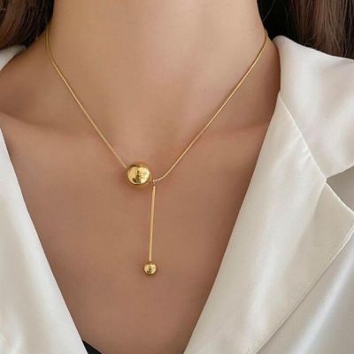 JDY6H Korean Stainless Steel Large Ball Tassel Necklace Stackable Creative Sliding Geometric Ball Match Pendant Clavicle Chain Jewe