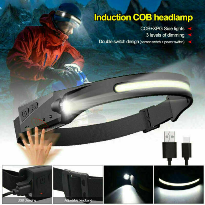 COB LED Headlamp USB Rechargeable Headlight Torch Work Light Bar