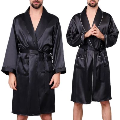 {Xiaoli clothing} ชุดนอนชุดคลุมสำหรับผู้ชาย,ชุดคลุมไหมเทียมพร้อมกระเป๋าเสื้อคลุมอาบน้ำเข็มขัดใส่อยู่บ้าน