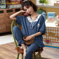 New Summer Solid Kawaii Pajamas Womans Blue Fashion Loungewear for Youth Girls Soft Cotton Homewear Korean Women Two Piece Sets