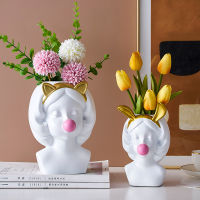 Resin Vase Nordic Modern Home Decoration Cute Girl Blowing Bubbles Decorative Head Carving Flower Vases Pen Holder Vase Flowers