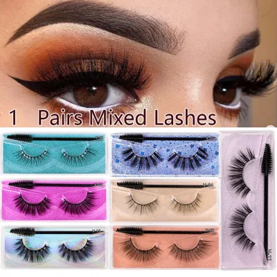 1 Pair 3D Faux Mink False Eyelashes with Brush Natural Look Wispies Fluffy Eyelashes Handamde Reusable Makeup Tools