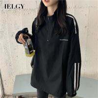 IELGY IELGYเสื้อผ้าสตรีTops Casual Stripesบางเสื้อฮู้ดเกาหลีAll-Matchซิปแฟชั่น