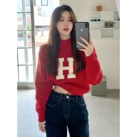 ❆✙ Autumn Winter Letter Jacquard Soft Waxy Sweater Women Loose Short Knitwear Top