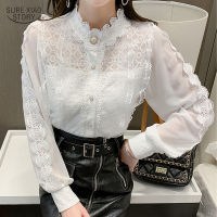 Elegant Stand Collar Loose Chiffon Shirt Puff Sleeve Lace Ruffle Blouse Sweet 2021 Autumn Fashion Bottom Shirt Bead Tops 17248