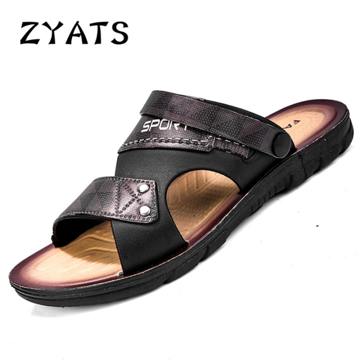 zyats-ผู้ชายแฟชั่นรองเท้าแตะชายหาดรองเท้าแตะรัดส้นชายรองเท้าแตะหนังสำหรับผู้ชายรองเท้าแตะ-lelaki-สีดำ