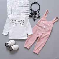 Lifetime Baby Girls Cartoon Strap Clothes Set Cotton Long Sleeve Shirt+Pants 2PCS baju seluar