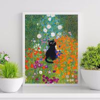 2023▽ Gustav Klimt Garden Flower Black Cat Poster Canvas Oil Painting Funny Cat Floral Wall Art For Gallery Aesthetic Room Decoration