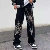 Emo Men Fashion Alt Spider Web Embroidery Straight Black Jeans Pants Ripped Oversize Loose Denim Trousers Streetwear Clothes