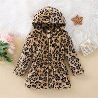 Little GirlS Autumn/Winter Long Sleeve Leopard Print Elastic Waist Zipper Hoodie Coat Girls French Brushed Waist Loose Jacket