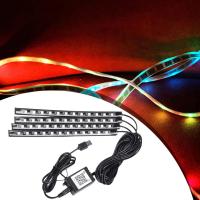 【 Auto-Parts 】ไฟแถบไฟ LED แบบไดนามิกสำหรับตกแต่งภายในรถยนต์48 LED รีโมทไร้สายหลายสี