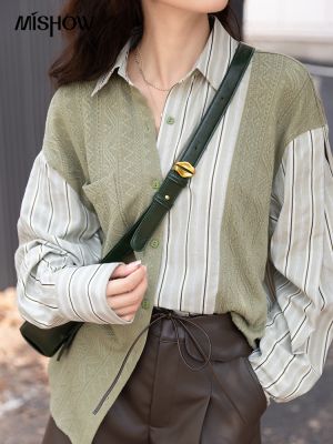 ☍ MISHOW Blouses Fashion 2022 Korean Knitted Patchwork Striped Turndown Collar Shirts Female MXB33C0551