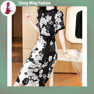Cheng Ming ชุดเดรสแขนสั้นสำหรับผู้หญิง,เดรสแขนสั้นสำหรับใส่ในฤดูร้อนชุดเดรสหมึกย้อนยุคพิมพ์ลายเฉิงคอกลม