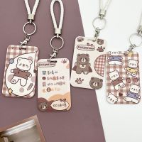 Women Men Cartoon Work Card Cover Cute Bear Business Name Card Badge Holder Bus Access Guard Credit Card Case with Lanyard