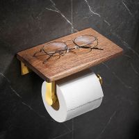 ▤♝ Wooden Bathroom Paper Roll Holder Brushed Gold Toilet Paper Holder Wall Mounted Paper Towel Holder Tissue Box Tissue Can