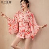 Long Night Sexy Lingerie Vintage Printed Kimono Hollow-Out Sleeve Sexy Corset Passion Uniform Temptation 1217