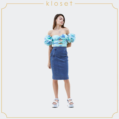 KLOSET Havana Crop Top With Detailed Sleeves (SS21-T003)  เสื้อปาดไหล่ตัวสั้น พิมพ์ลาย แขนพอง