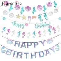 Happy Birthday Banner Mermaid Party Decoration Garland Baby Girl 1st Birthday Decor Mermaid Tail Shell Banner Baby shower Supply Banners Streamers Con