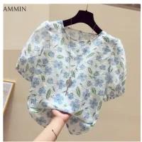 AMMIN Tops 2021 new Korean round neck floral print puff sleeve embroidery crochet hollow blouse women