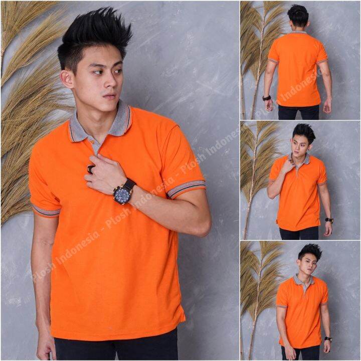 Cod Kaos Polo Shirt Pria Kerah Oren Kerah Abu Kaos Pria Lengan Pendek