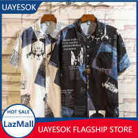 UAYESOK-?ร้อนขาย? [baju t shirt lelaki] ผู้ชายเสื้อโค้ทสีขาวสีขาวฮาวายเอี้ยนพิมพ์แขนเสื้อหลวมบนสไตล์ดอกไม้สไตล์ถนนพิเศษสำหรับฤดูกาล