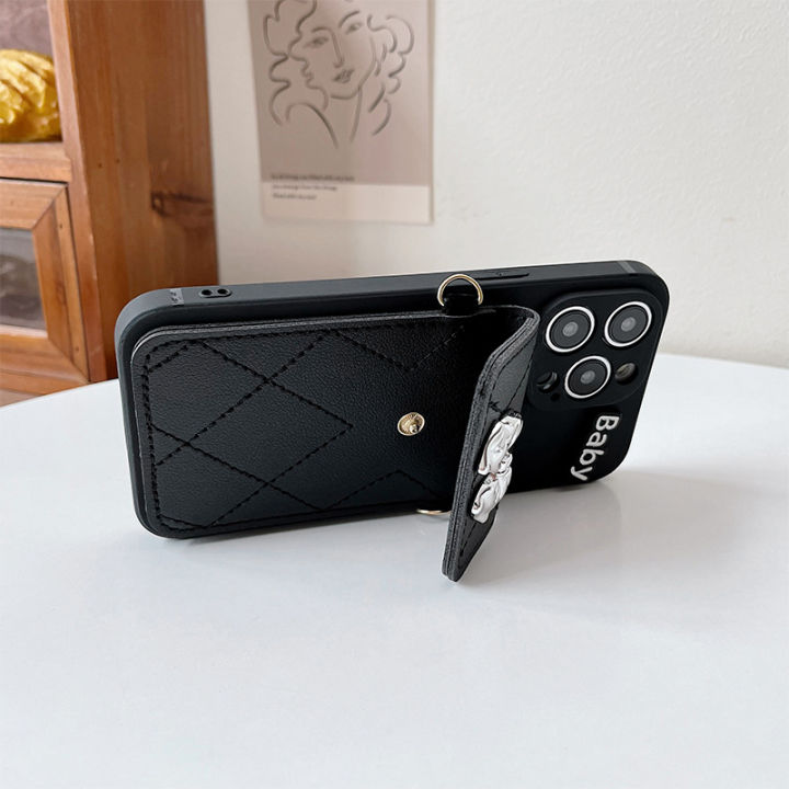 กระเป๋าสะพายไหล่หนังสีดำสำหรับ-iphone14-promax-thonglord-cat-ear-กระเป๋าใส่โทรศัพท์สำหรับ-iphone13-leather-linger-case-สำหรับ-iphone12-promax-pearl-pendant-case-สำหรับ-iphone11