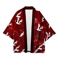 เสื้อโค้ทแฟชั่นขนาดใหญ่ผู้ชายแขนยาวทรงหลวมเสื้อคาร์ดิแกน Kimono รูปสัตว์เครนเจ็ดองค์ประกอบสุดสร้างสรรค์