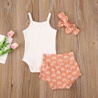 Infant Baby Girls Summer Suit Set Knitted Suspender Romper Tops Print Short Pants Headband 3PCS Baby Girls Outfit Clothes Set  by Hs2023