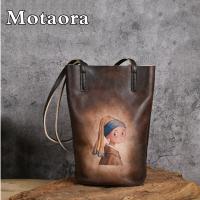 MOTAORA Retro Hand-printed Womens Bag For Women Genuine Leather Bucket Handbags Long Handle Lady Luxury Designer Shoulder Bags