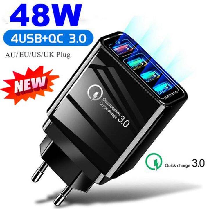 48w-4พอร์ตอะแดปเตอร์qc-3-0-quick-charge-3-0เครื่องชาร์จusb-au-eu-us-ukปลั๊กโทรศัพท์มือถือที่ชาร์จความเร็วสูงบ้านเครื่องชาร์จติดผนังอะแดปเตอร์เพื่อการเดินทาง