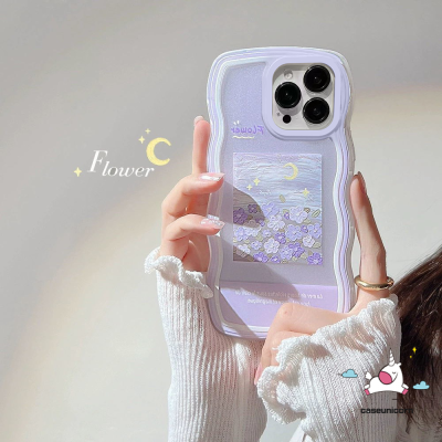 เคสขอบหยักเข้ากันได้กับ IPhone 11 12 13 14 Pro Max 7 8 Plus 6S X XR XS MAX 14 Plus SE 2020ภาพสีน้ำมันสีม่วงดอกไม้ภาพดวงจันทร์ดาวแฟชั่นเรียบง่ายป้องกันแว่นกันแดดทรงสี่เหลี่ยมแบบนิ่มกล่องกันกระแทก