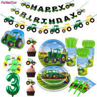 Green Farm Tractor Theme Tableware รถแทรกเตอร์ฟาร์มปาร์ตี้ถ้วยแผ่นบอลลูนเด็กฟาร์มรถแทรกเตอร์วันเกิด Party ตกแต่ง Favors