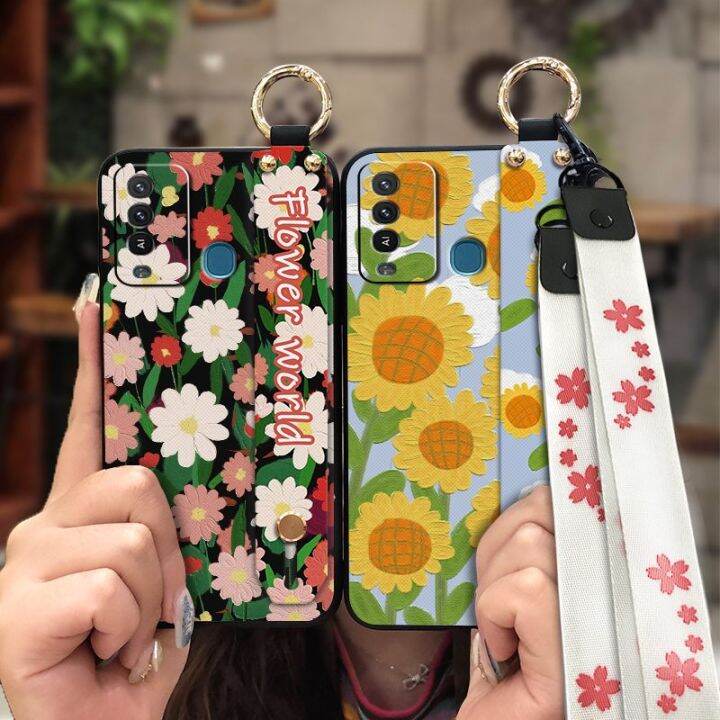 lanyard-cartoon-phone-case-for-itel-p37-pro-vision2-plus-new-arrival-back-cover-phone-holder-ring-anti-dust-sunflower