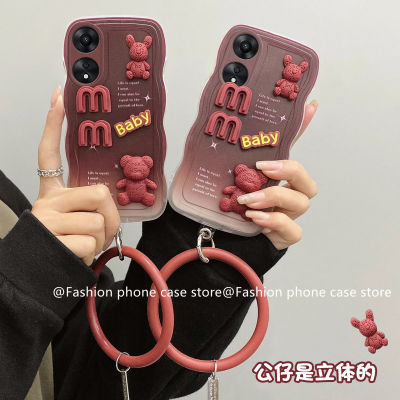 เคสโทรศัพท์ OPPOA78 5G เคส Phone Case เคสลายคลื่นสีแดงไล่ระดับสีตุ๊กตาหมีลายการ์ตูนน่ารัก3D เคสนิ่มกันกระแทกพร้อม2023สร้อยข้อมือซิลิโคนที่ถอดอ