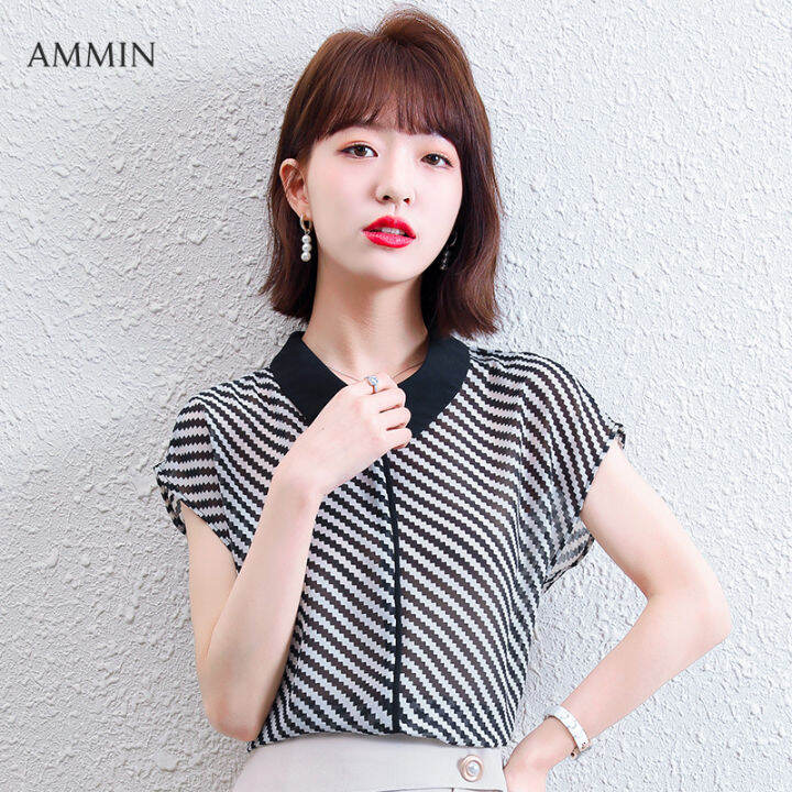 Ammin Tops 2021ฤดูร้อนสไตล์เกาหลีสไตล์ใหม่ตาข่ายเย็บตุ๊กตาปกเสื้อชีฟองแขนสั้นผู้หญิงคลาสสิกสีดำ 6104