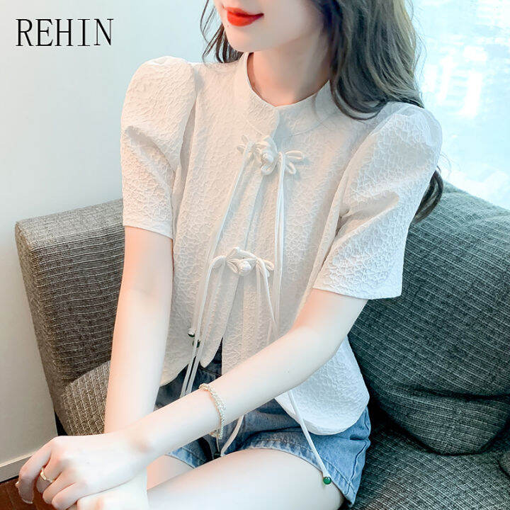 rehin-women-s-top-courtly-single-row-plate-button-tassel-short-sleeve-shirt-traditional-retro-elegant-blouse