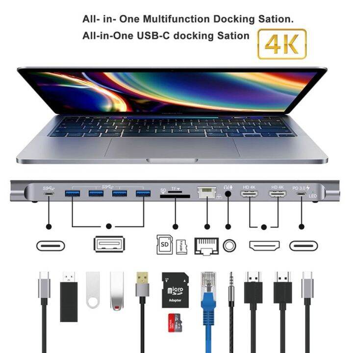 usb-ฮับ-type-c-ไปยังจอภาพคู่-hdmi-2ช่องที่มี-rj45กิกะบิตฮับ-usb-pd-3-5มม-sd-tf-usb-c-อะแดปเตอร์สำหรับ-macbook-pro