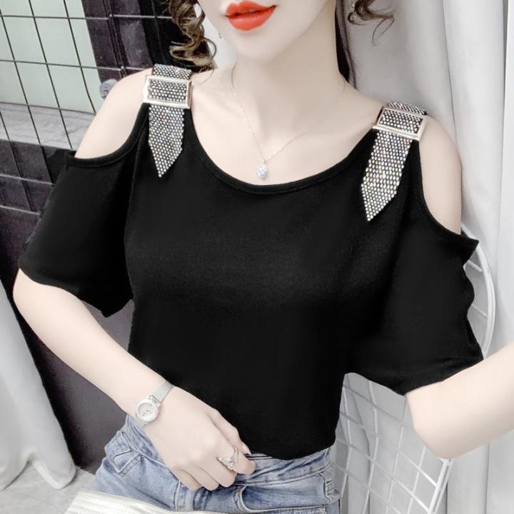 Black Blouse Plus Size Women Short Sleeve Off Shoulder Top New Design ...