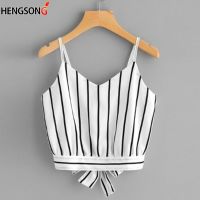 [A LIKE] 2022Knot Striped Split Tie Back Crop Cami Top WomenSpaghetti Strap Bow Top Vest Beach Vest Camisole