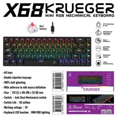 คีย์บอร์ดเกมมิ่ง Mechanical 🌳NUBWO X68 KRUEGER 🧩 68ปุ่ม ถอดสายได้ / มี keycaps แถม 7 ปุ่ม NEW(มาใหม่)