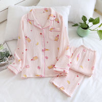 Japanese new summer womens cotton crepe long-sleeved trousers pajamas set cute two-piece spring and autumn home service ladies