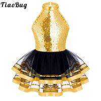 Girl Golden Dancing Dress Sleeveless Halter Neck Shiny Sequins Leotard Child Mini Skirt Moden Gymnastics Performance Dancewear