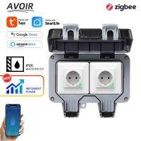 Avoir Tuya ปลั๊กไฟฟ้า Zigbee กลางแจ้งกันน้ำ IP66ปลั๊ก EU สวิตช์เต้ารับจับเวลา J85ของใช้ภายในบ้านอัจฉริยะที่ชาร์จ Usb คู่