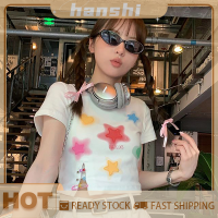 hanshi [2023 new HOT FASHION] lazlook เสื้อยืดคอกลมแขนสั้นสำหรับผู้หญิงเสื้อยืดพิมพ์ลายดาวโดพามีนเสื้อครอปเข้ารูปสำหรับฤดูร้อน