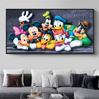 Family Wall Art พิมพ์ผ้าใบ Mickey, Minnie Mouse, Goofy และ Donald Duck Classic โปสเตอร์การ์ตูนภาพวาดสำหรับห้องเด็ก