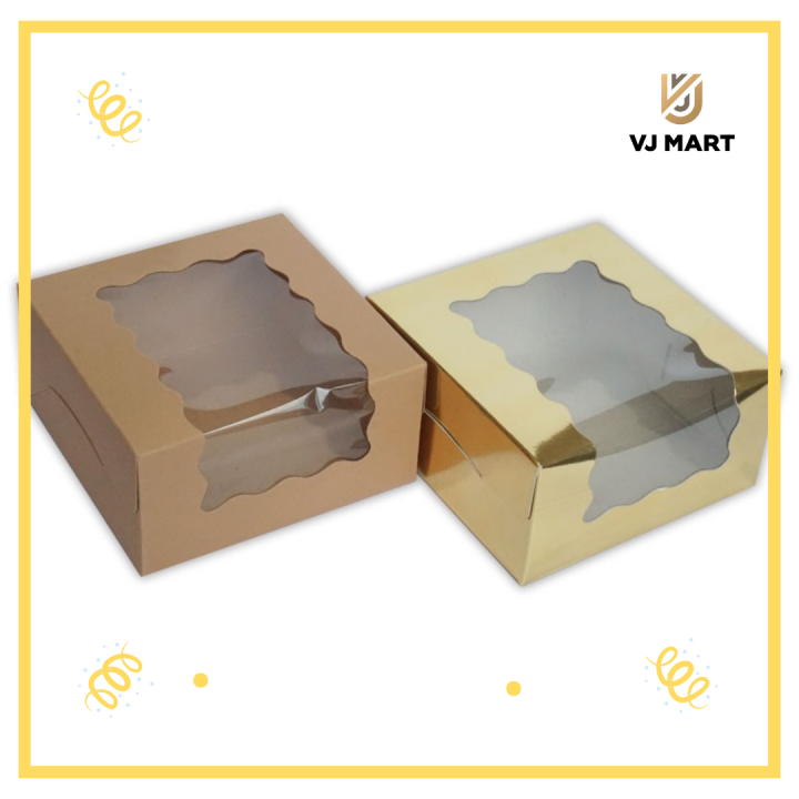 กล่องแฮนเมดเค้ก 0.5 ปอนด์ สีบรอนซ์ทอง แบบเจาะหน้าข้างสูง บรรจุ 10 ใบ ตราสนคู่