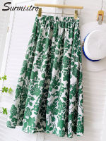 SURMIITRO 2022 Summer Korean Fashion Vintage Green Floral Print Midi Long Pleated Skirt Women High Waist A Line Skirt Female