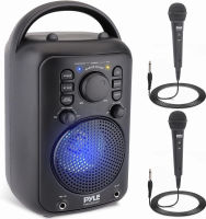 Pyle 4” Wireless BT Streaming Speaker - Portable Audio Speaker, with Two Microphones and Stand to Put Mobile Phone, 5.0 Bluetooth, Big Bass &amp; Clear Sound, MP3, Classic Karaoke System